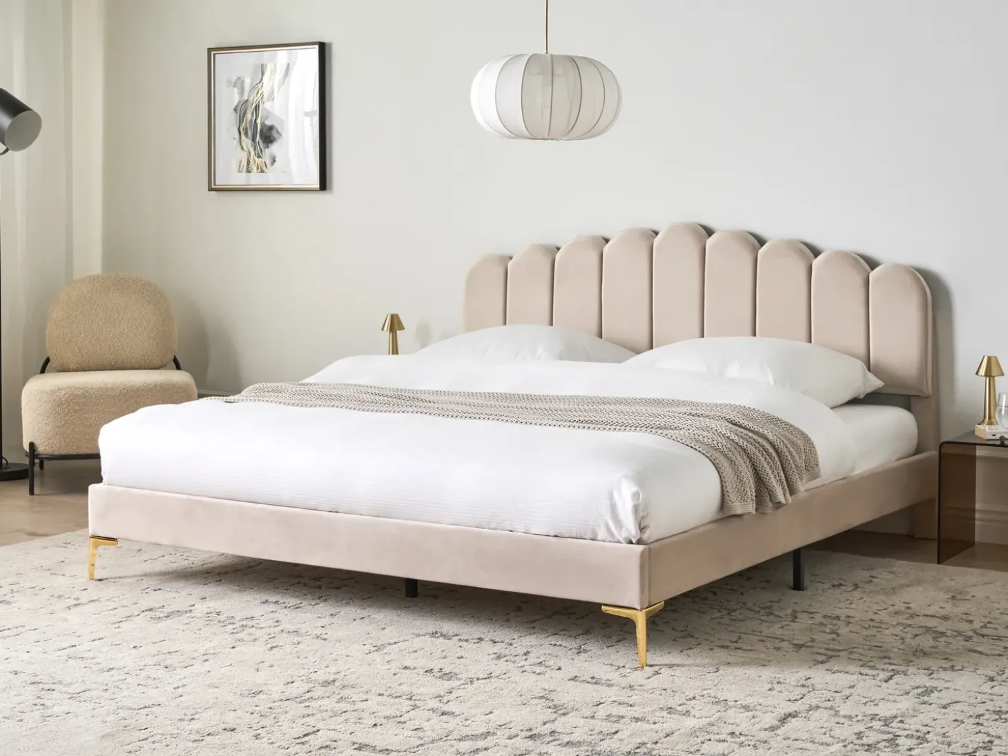 Best Łóżko Welur SAUVIAN 180 x 200 cm Beżowy Łóżka Tapicerowane|Łóżka Podwójne