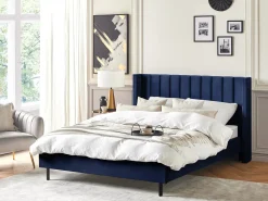 Discount Łóżko Welur VILLETTE 160 x 200 cm Granatowy Łóżka Tapicerowane|Łóżka Podwójne