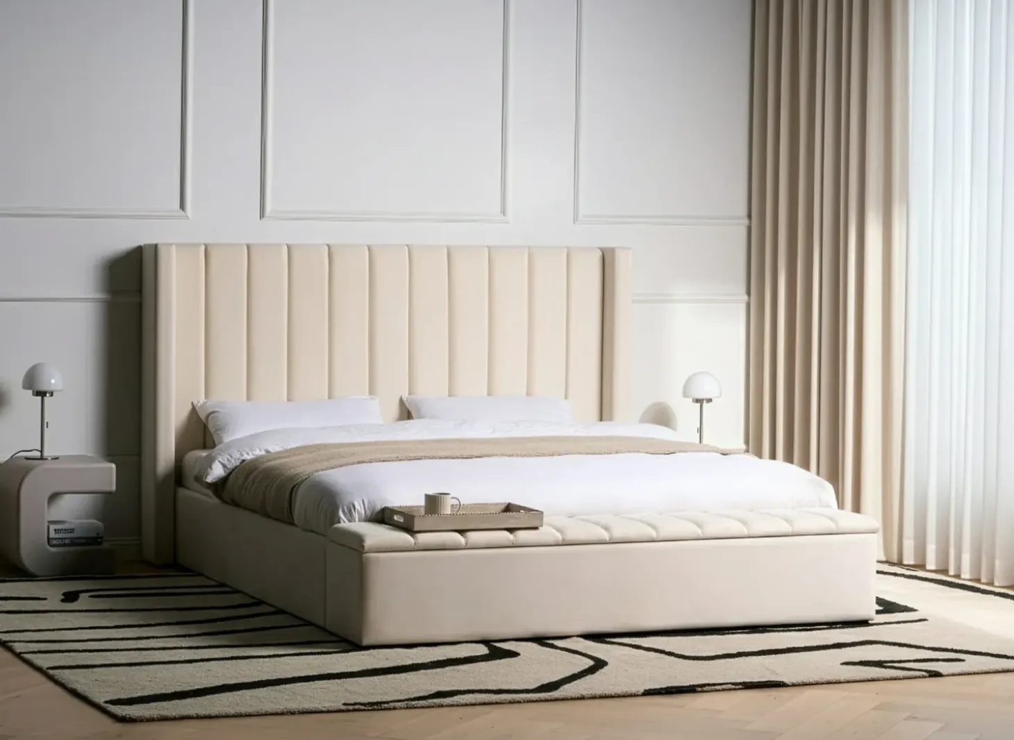 Outlet NOYERS Welur Złamana biel 180 x 200 cm Łóżka Z Pojemnikiem|Łóżka Wodne
