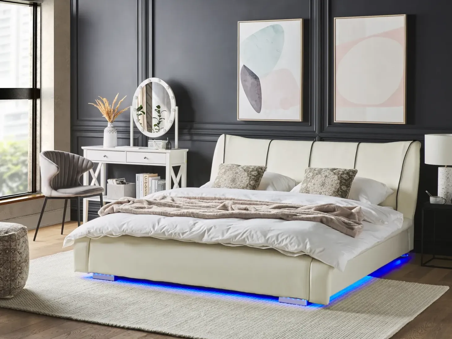 Online Łóżko wodne z oświetleniem LED Skóra naturalna NANTES 140 x 200 cm Złamana biel Łóżka Wodne|Łóżka Podwójne