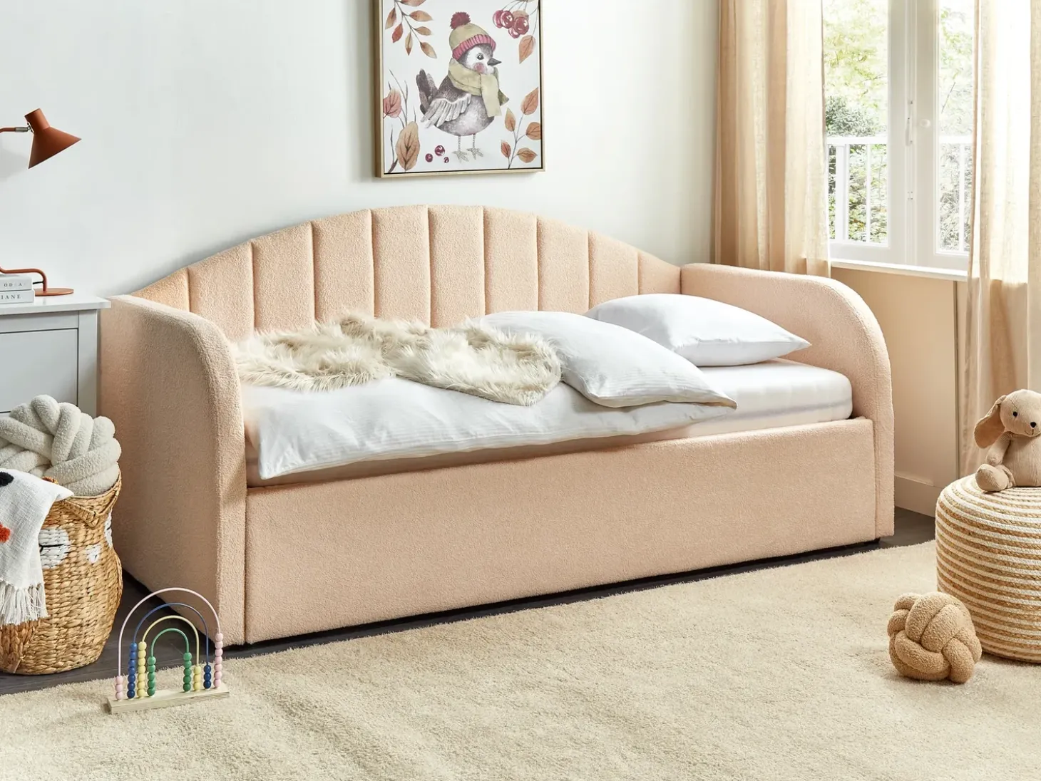 Clearance Łóżko wysuwane Boucle EYBURIE 90 x 200 cm Brzoskwiniowy Łóżka Wysuwane I Dzienne|Wszystkie Łóżka