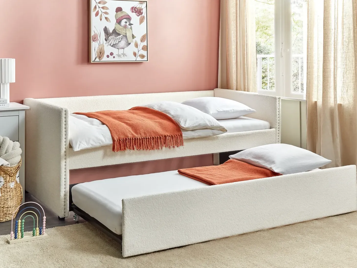 Sale Łóżko wysuwane Boucle TROYES 90 x 200 cm Jasno Łóżka Wysuwane I Dzienne|Wszystkie Łóżka