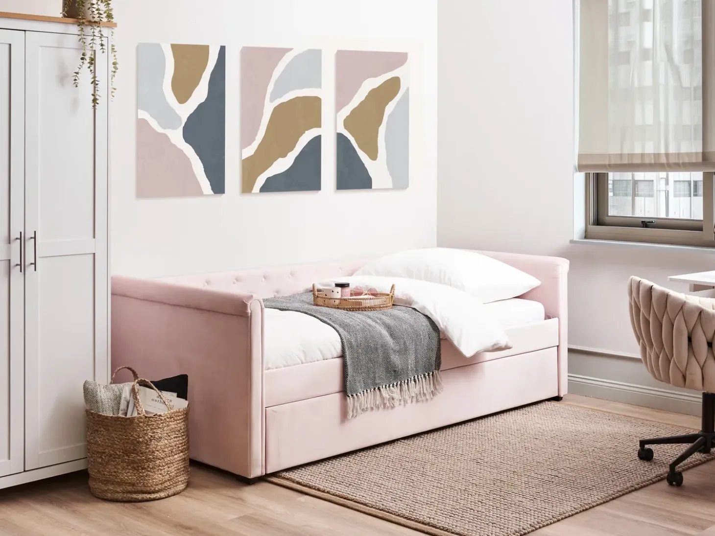 Discount Łóżko wysuwane Welur LIBOURNE 90 x 200 cm Pastelowy róż Dzieci Łóżka Wysuwane I Dzienne|Wszystkie Meble I Akcesoria Dziecięce