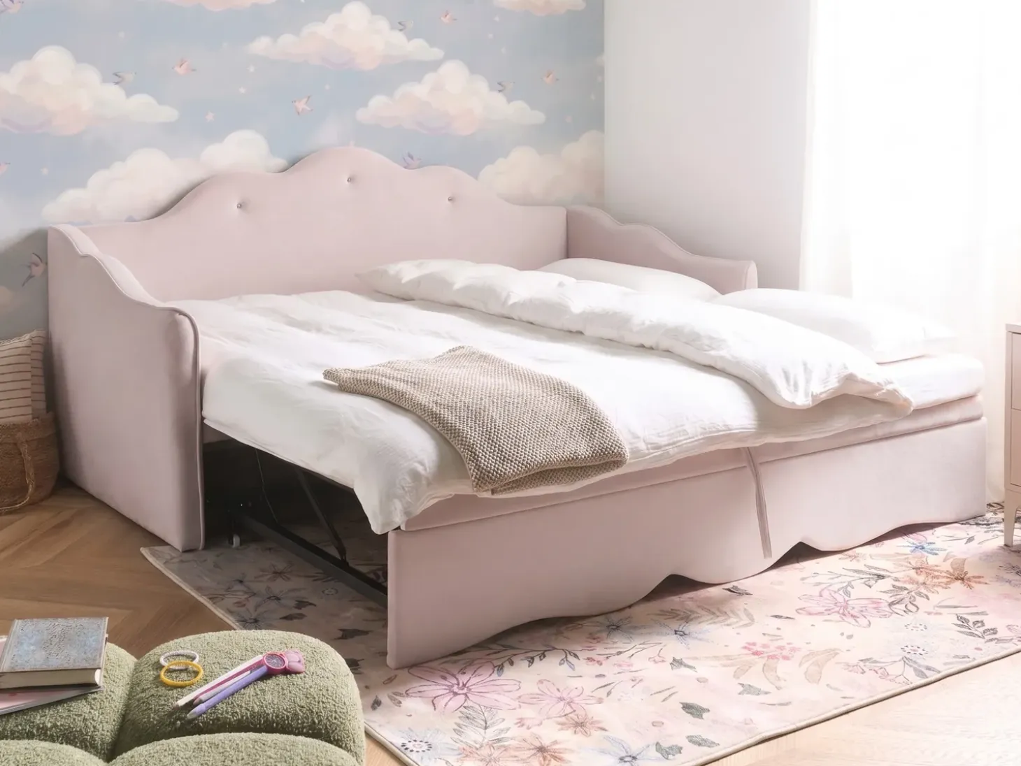 Clearance Łóżko wysuwane Welur LORETTE 90 x 200 cm Pastelowy róż Dzieci Łóżka Wysuwane I Dzienne|Wszystkie Meble I Akcesoria Dziecięce
