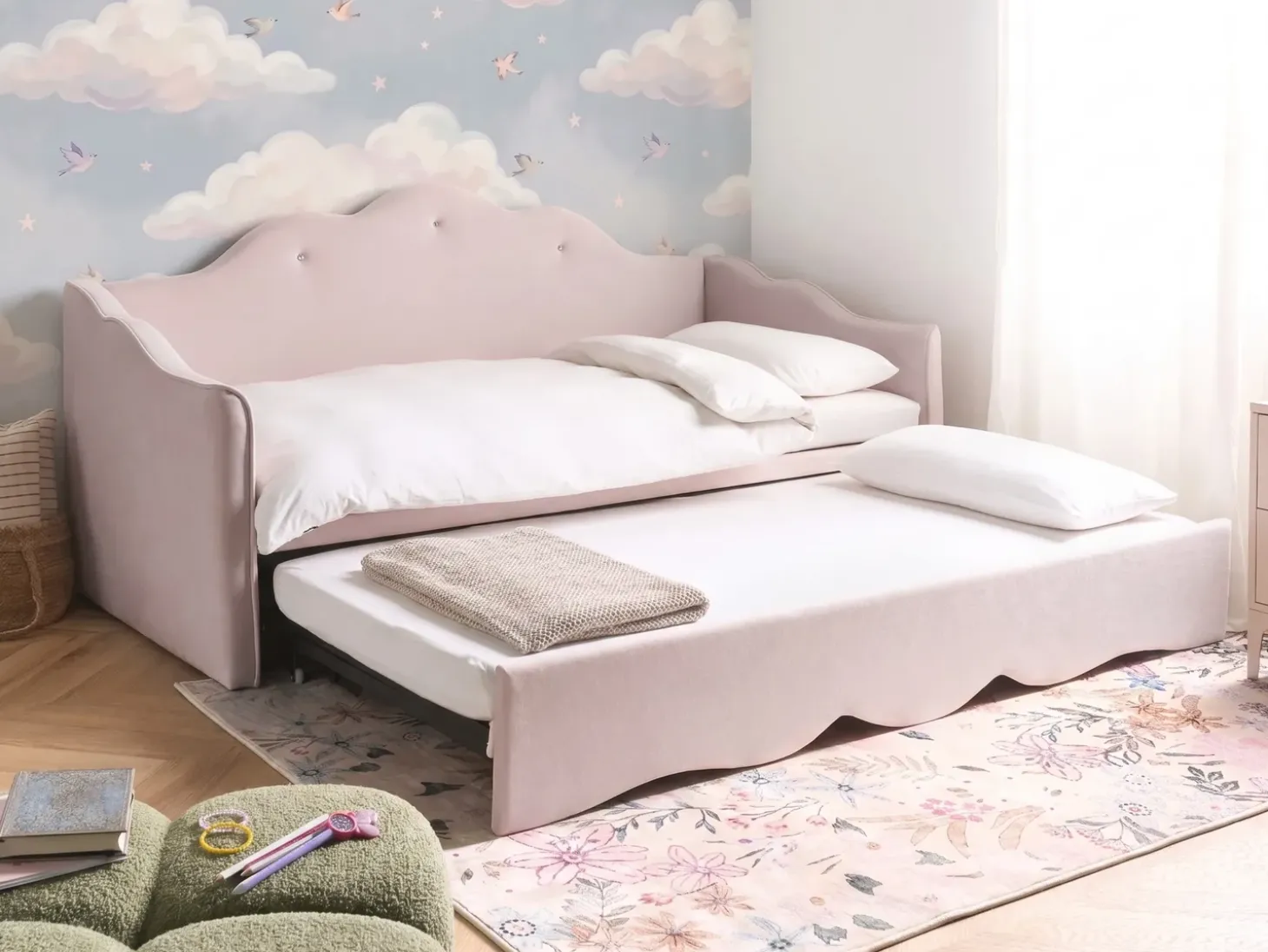 Clearance Łóżko wysuwane Welur LORETTE 90 x 200 cm Pastelowy róż Dzieci Łóżka Wysuwane I Dzienne|Wszystkie Meble I Akcesoria Dziecięce