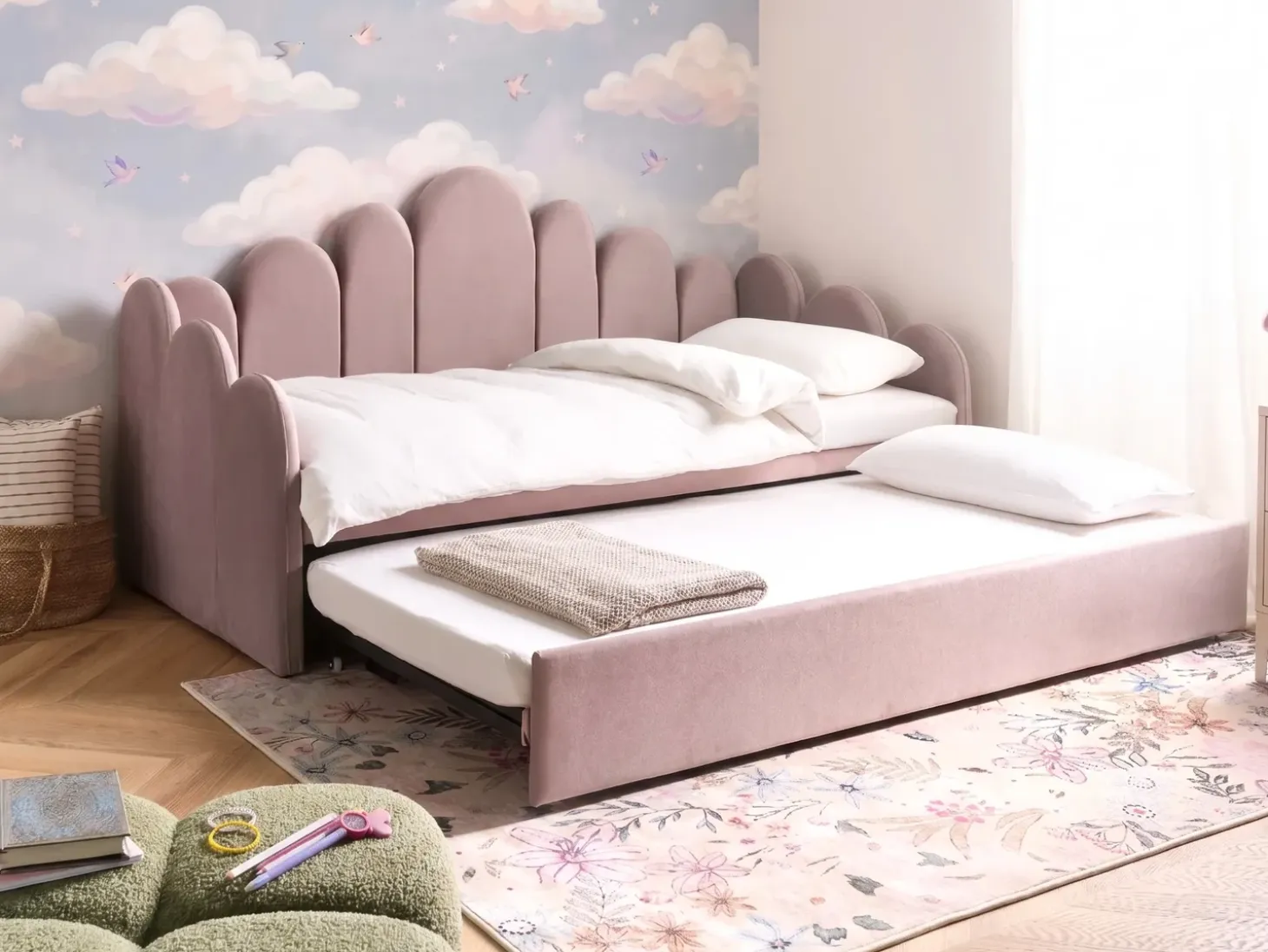 Outlet Welur POLIGNAC 90 x 200 cm Pastelowy róż Dzieci Łóżka Wysuwane I Dzienne|Wszystkie Meble I Akcesoria Dziecięce