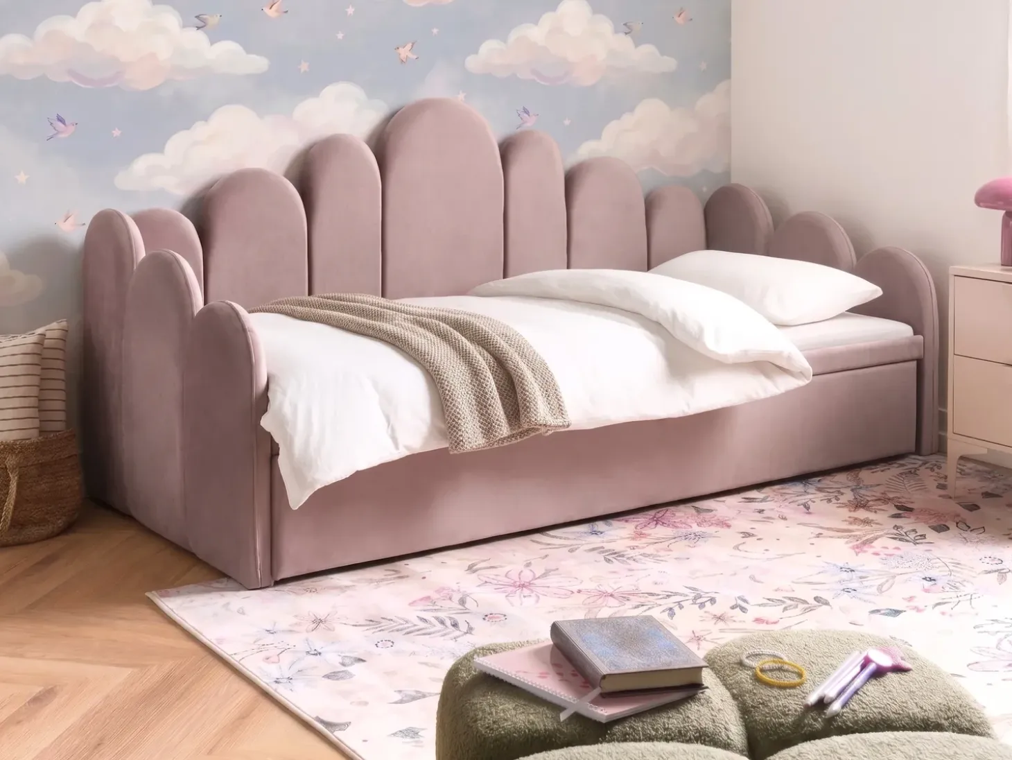 Outlet Welur POLIGNAC 90 x 200 cm Pastelowy róż Dzieci Łóżka Wysuwane I Dzienne|Wszystkie Meble I Akcesoria Dziecięce