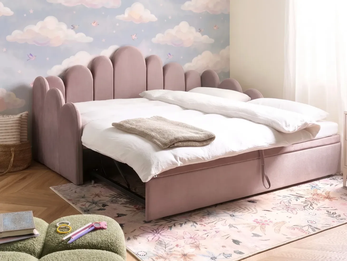 Outlet Welur POLIGNAC 90 x 200 cm Pastelowy róż Dzieci Łóżka Wysuwane I Dzienne|Wszystkie Meble I Akcesoria Dziecięce