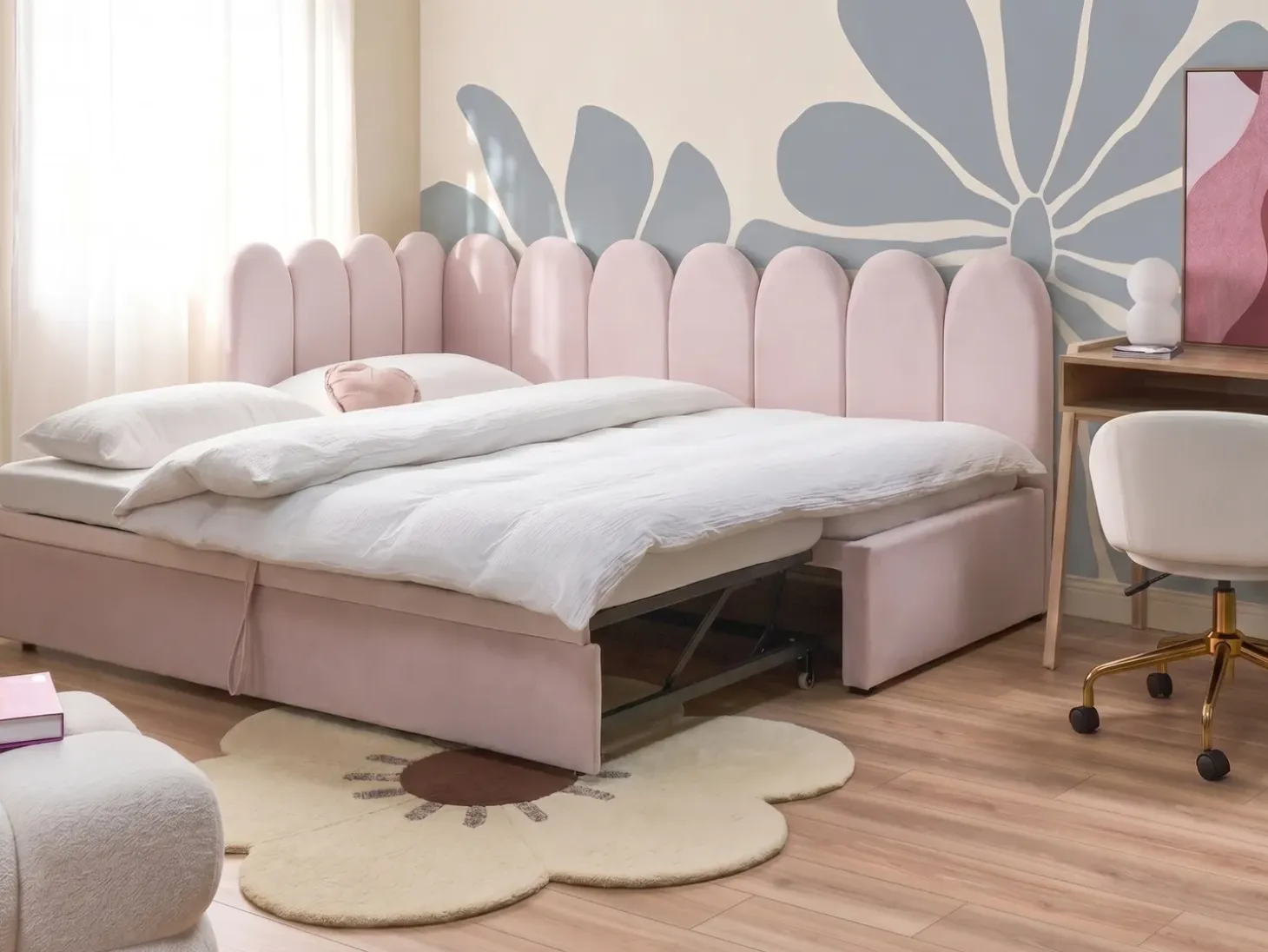 Sale Łóżko wysuwane Welur TERROU 90 x 200 cm Pastelowy róż Dzieci Łóżka Wysuwane I Dzienne|Wszystkie Meble I Akcesoria Dziecięce