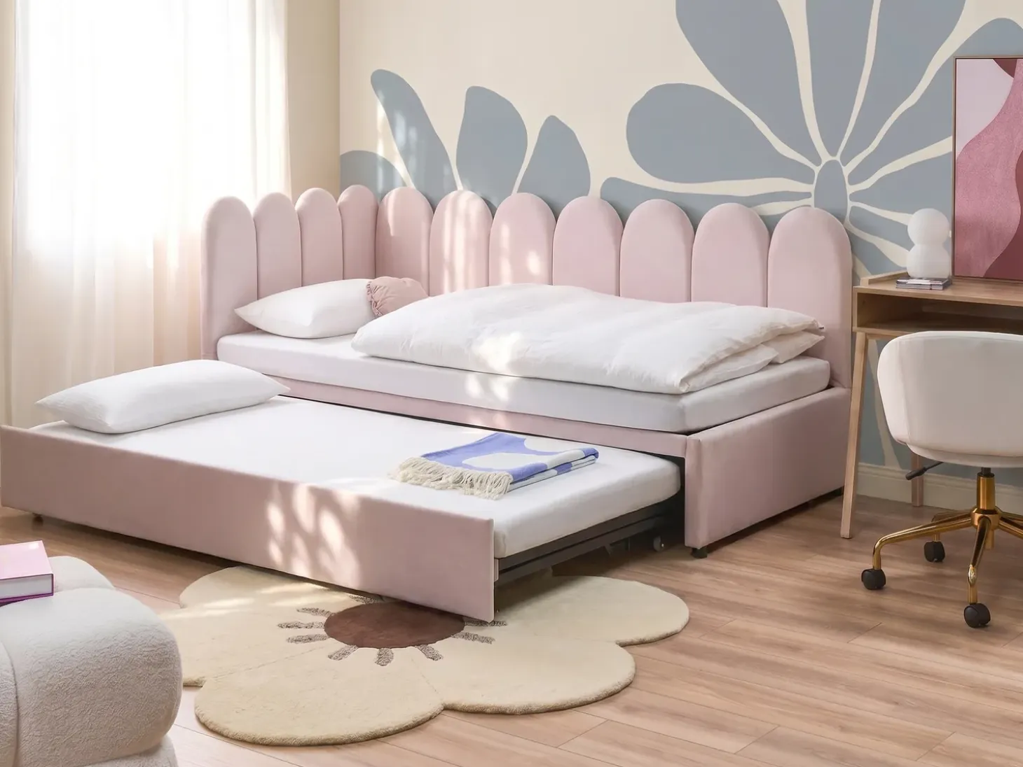 Sale Łóżko wysuwane Welur TERROU 90 x 200 cm Pastelowy róż Dzieci Łóżka Wysuwane I Dzienne|Wszystkie Meble I Akcesoria Dziecięce