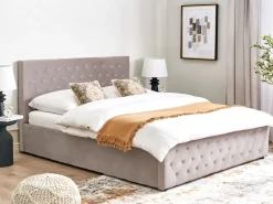 Clearance Łóżko z pojemnikiem AMIENS Welur Beżowoszary 180 x 200 cm Łóżka Tapicerowane|Łóżka Podwójne