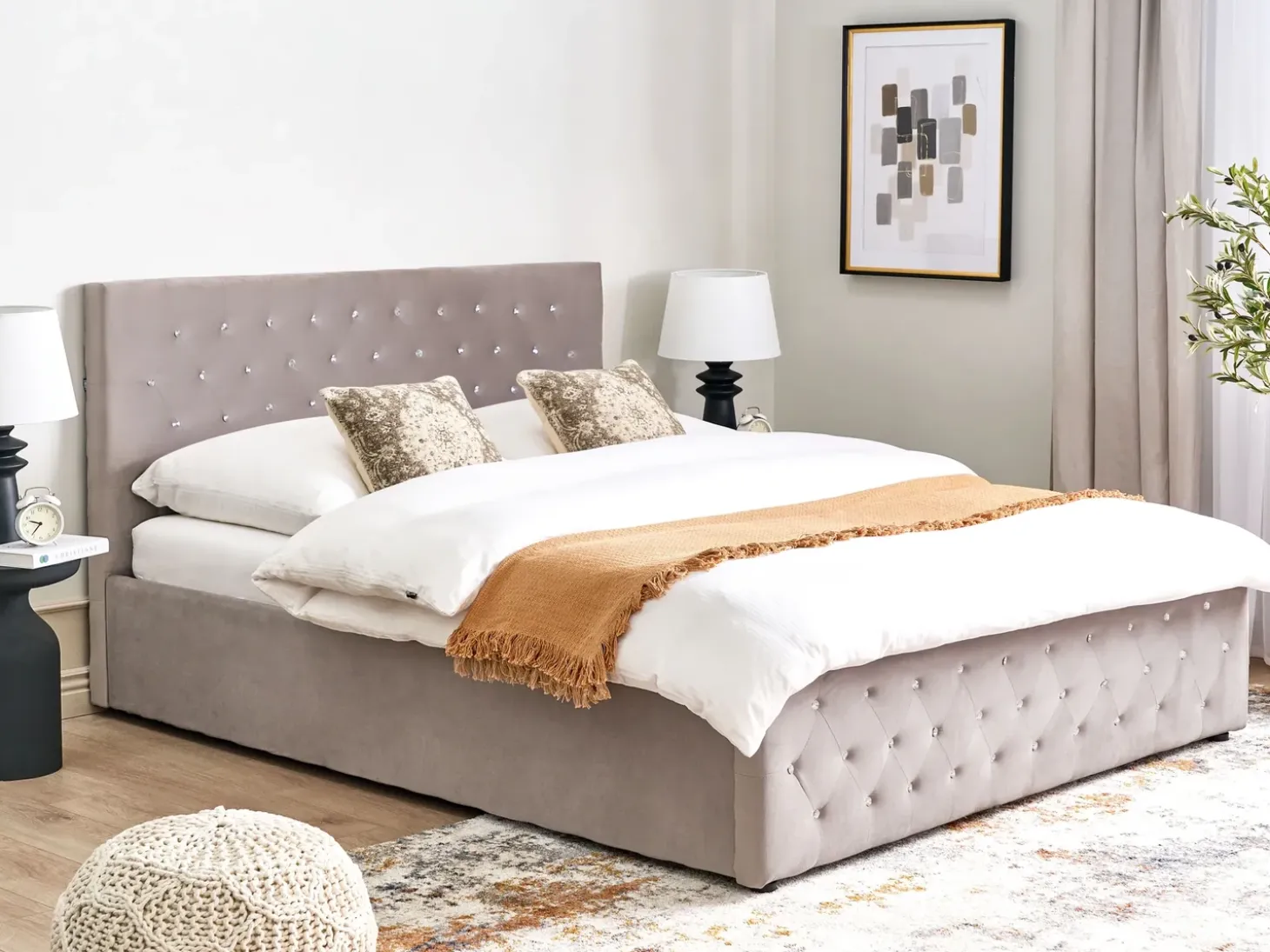 Clearance Łóżko z pojemnikiem AMIENS Welur Beżowoszary 180 x 200 cm Łóżka Tapicerowane|Łóżka Podwójne