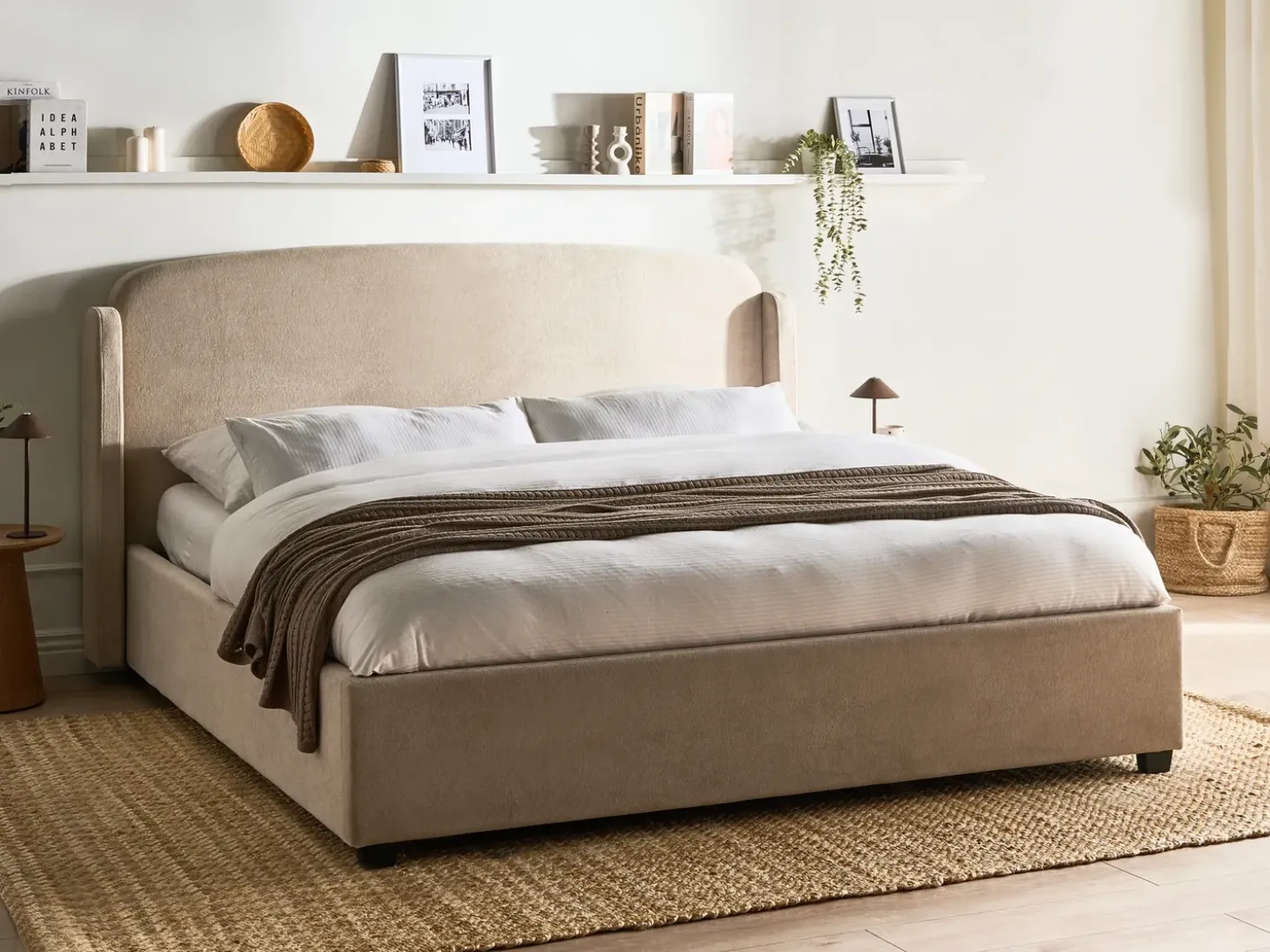 Discount Łóżko z pojemnikiem BERNAY Beżowoszary 180 x 200 cm Łóżka Tapicerowane|Łóżka Podwójne
