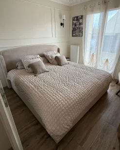Discount Łóżko z pojemnikiem BERNAY Beżowoszary 180 x 200 cm Łóżka Tapicerowane|Łóżka Podwójne