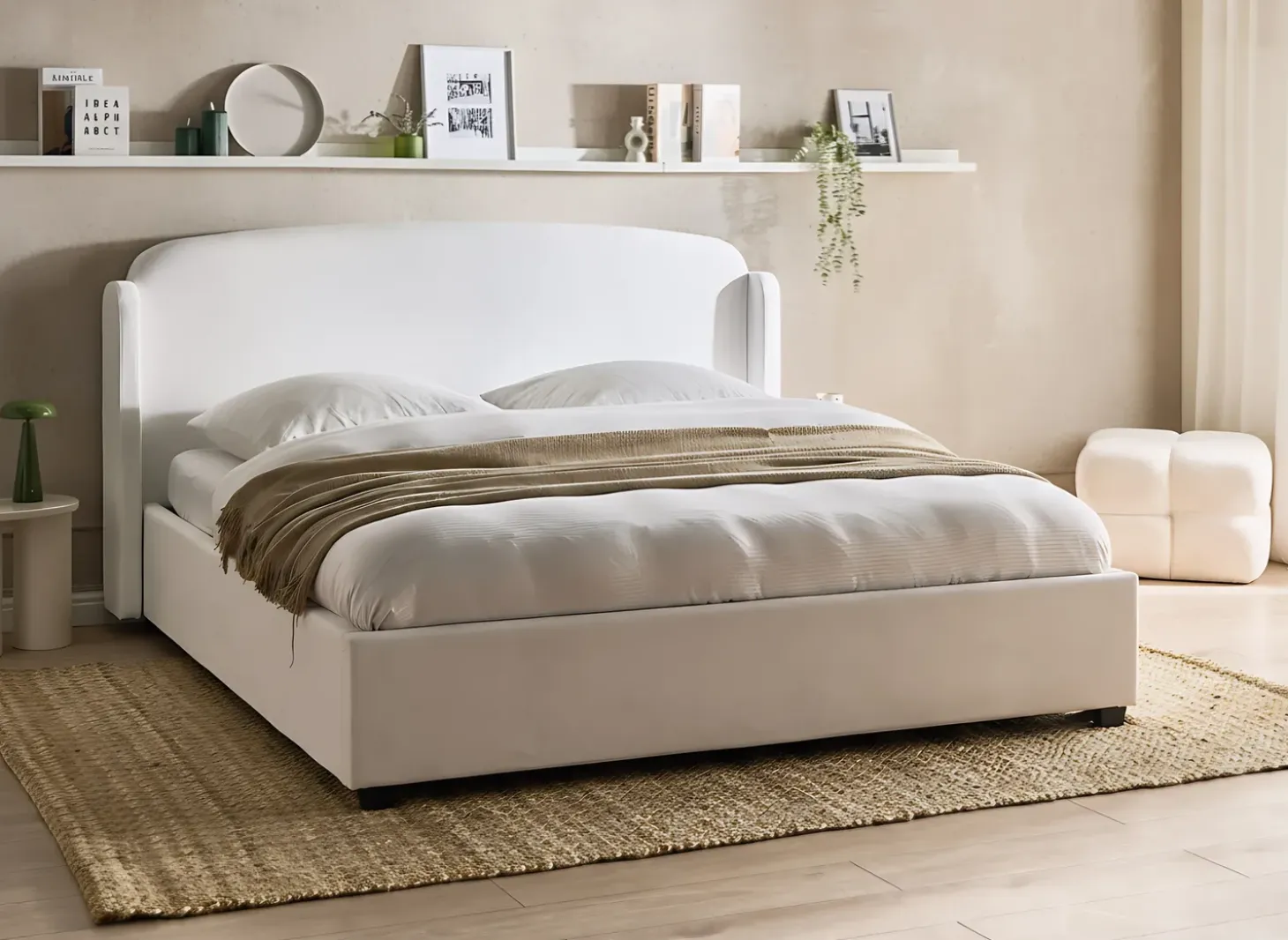 Discount Łóżko z pojemnikiem BERNAY Złamana biel 180 x 200 cm Łóżka Tapicerowane|Łóżka Podwójne