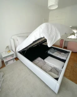 Discount Łóżko z pojemnikiem BERNAY Złamana biel 180 x 200 cm Łóżka Tapicerowane|Łóżka Podwójne