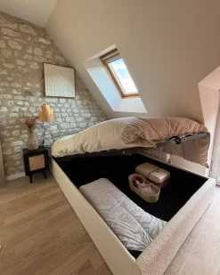 Outlet Łóżko z pojemnikiem bez zagłówka DINAN Boucle Złamana biel 140 x 200 cm Łóżka Tapicerowane|Łóżka Podwójne