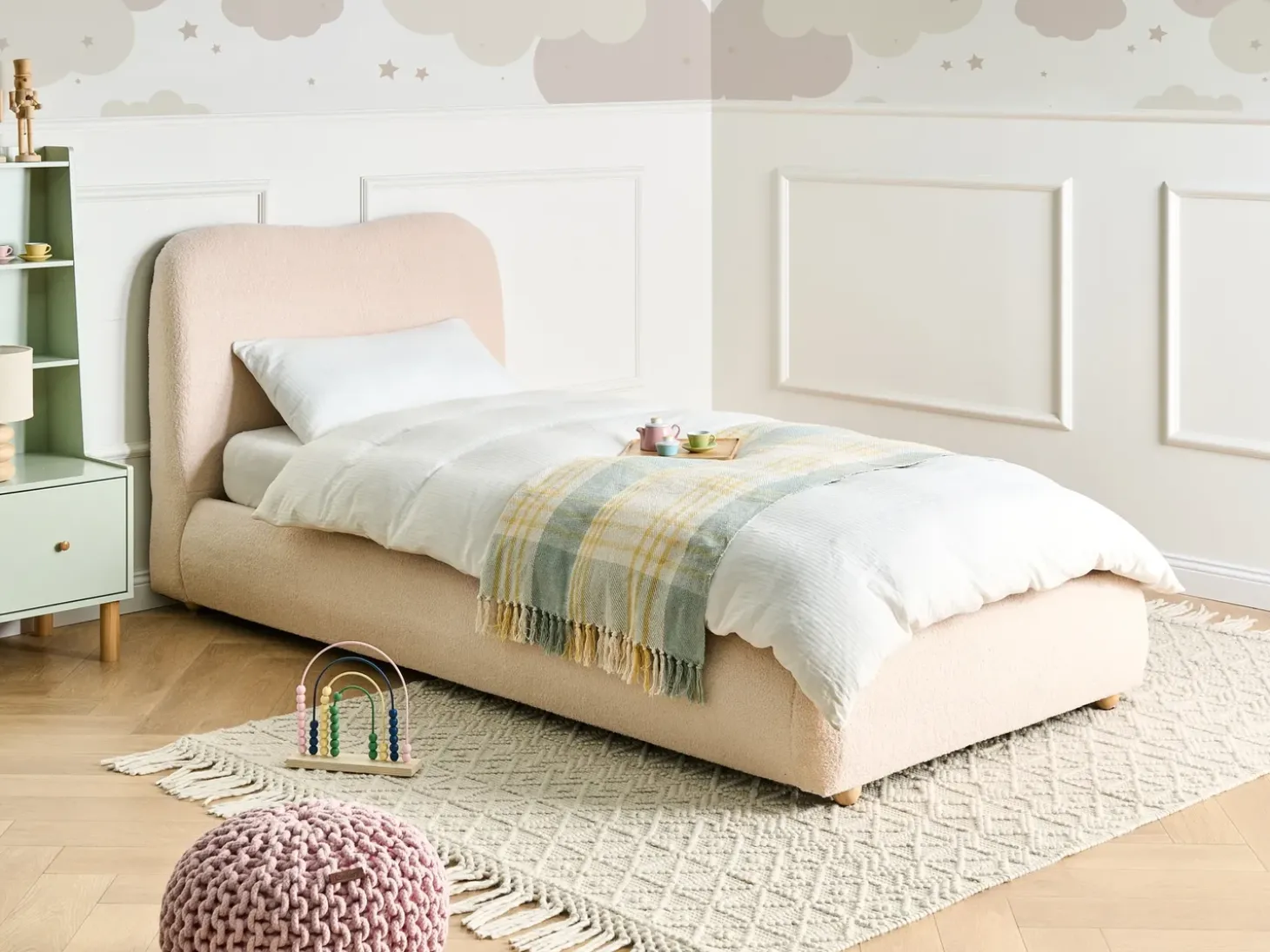 Discount Łóżko z pojemnikiem BLAGNAC Boucle Jasnobeżowy 90 x 200 cm Łóżka Tapicerowane|Łóżka Z Pojemnikiem