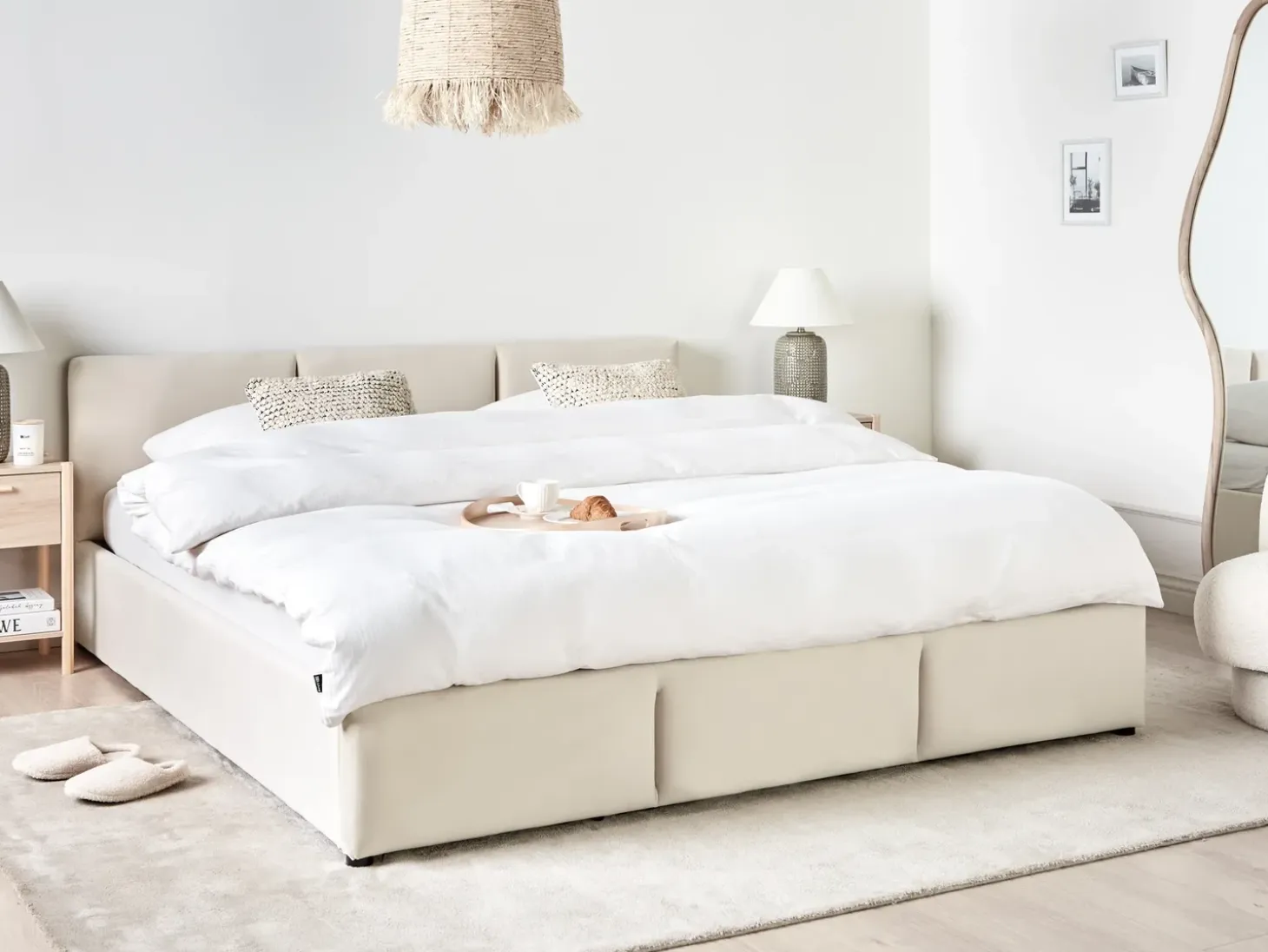 Discount Łóżko z pojemnikiem BOUSSE Welur Jasno 180 x 200 cm Łóżka Tapicerowane|Łóżka Podwójne