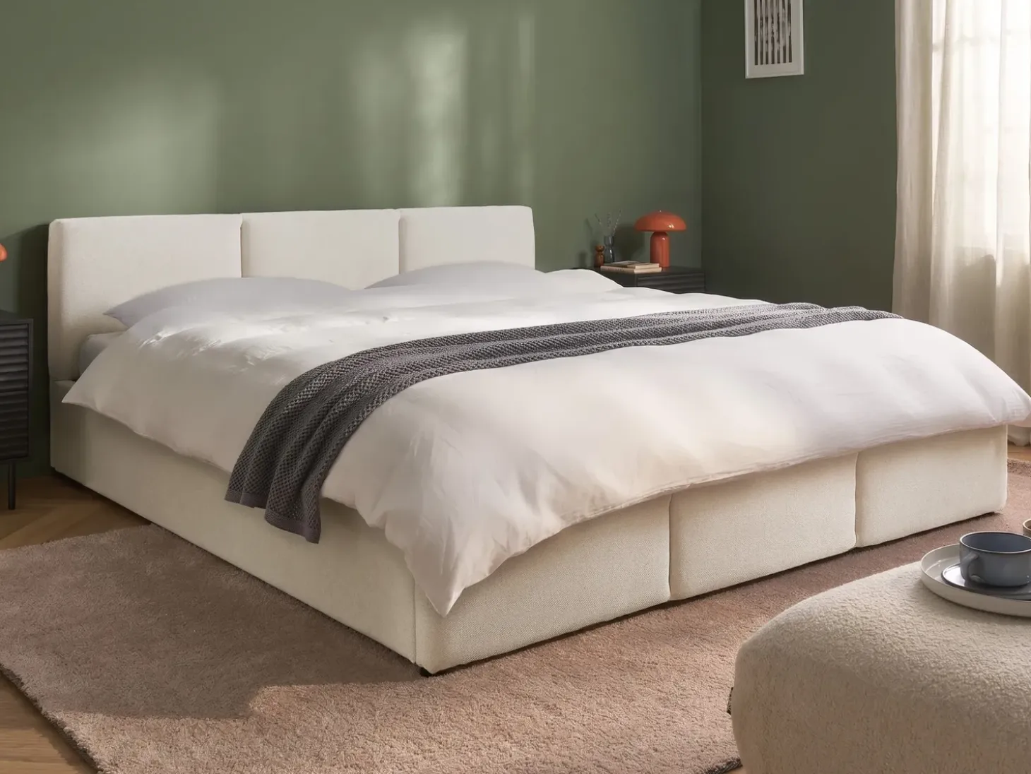 Discount Łóżko z pojemnikiem BOUSSE Złamana biel 180 x 200 cm Łóżka Tapicerowane|Łóżka Podwójne