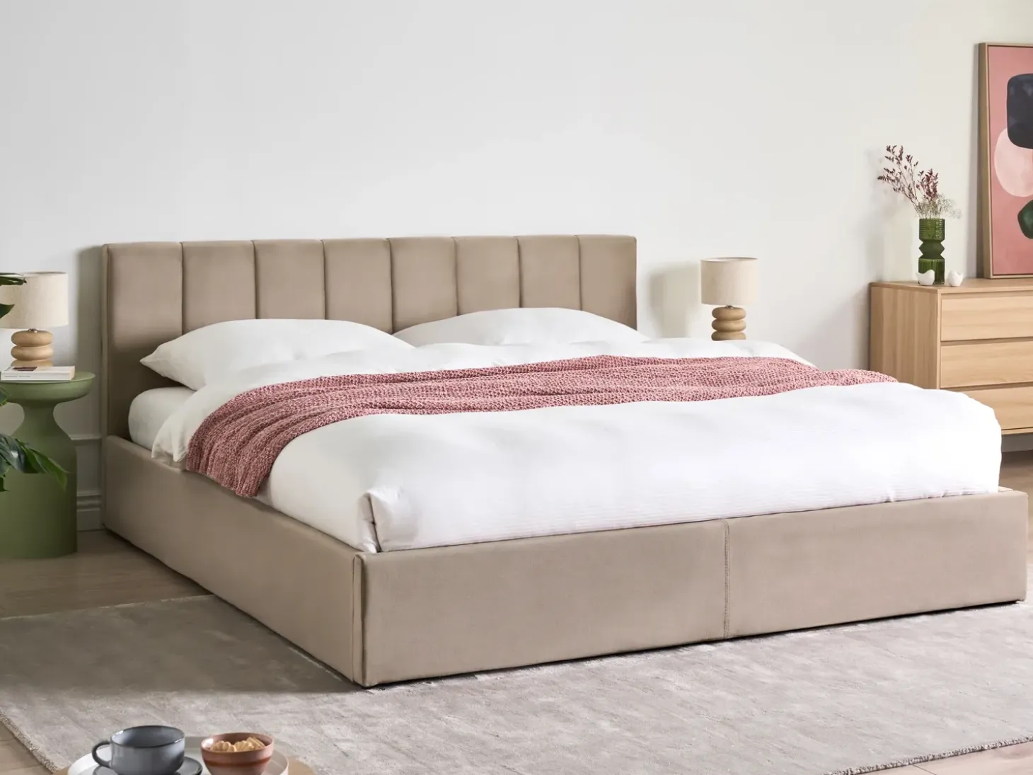 Discount Łóżko z pojemnikiem DREUX Welur Beżowoszary 180 x 200 cm Łóżka Tapicerowane|Łóżka Podwójne
