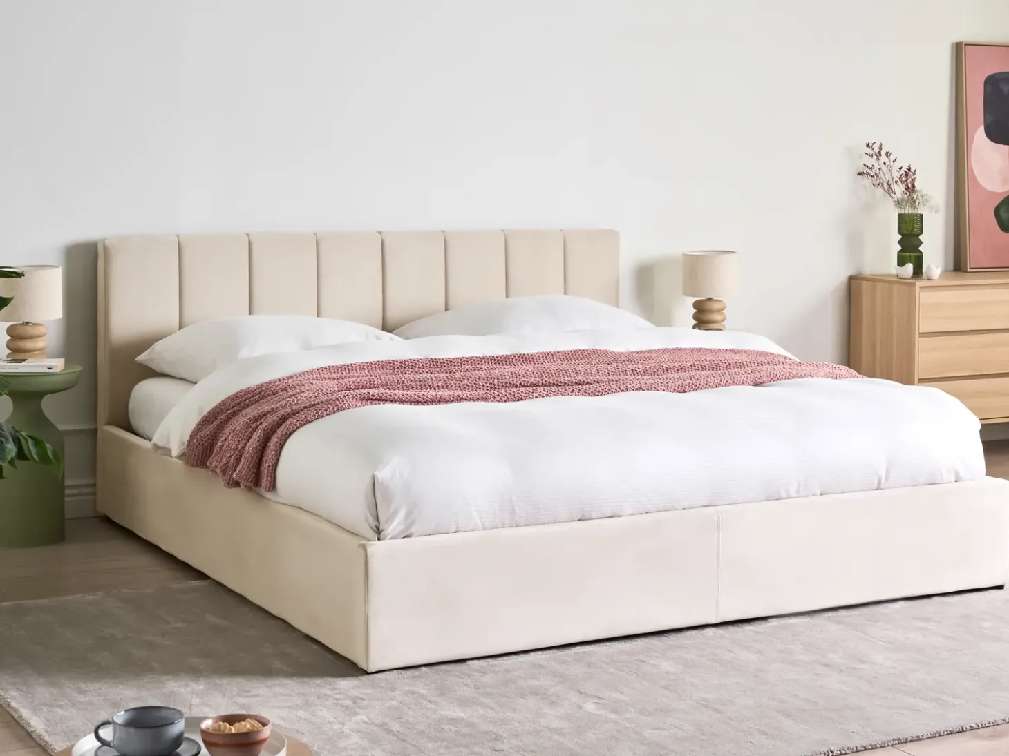 Outlet Łóżko z pojemnikiem DREUX Welur Jasnobeżowy 180 x 200 cm Łóżka Tapicerowane|Łóżka Podwójne