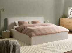 Outlet Łóżko z pojemnikiem LILLEBONNE Sztruks Jasnobeżowy 180 x 200 cm Łóżka Tapicerowane|Łóżka Podwójne