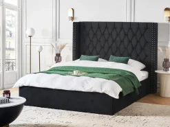 Outlet LUBBON Welur Czarny 160 x 200 cm Łóżka Tapicerowane|Łóżka Podwójne