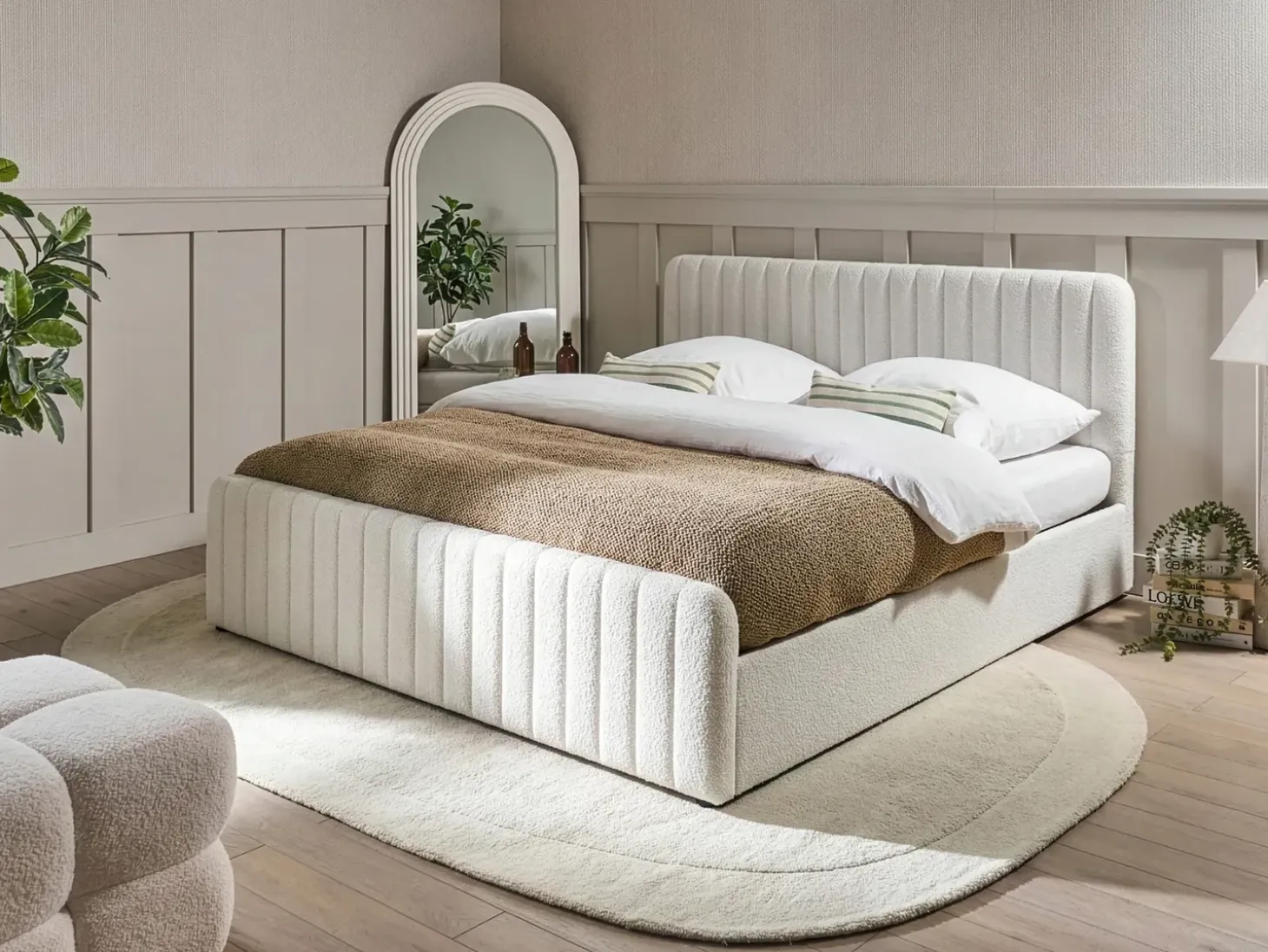 Outlet LUNAN Boucle Biały 180 x 200 cm Łóżka Tapicerowane|Łóżka Podwójne