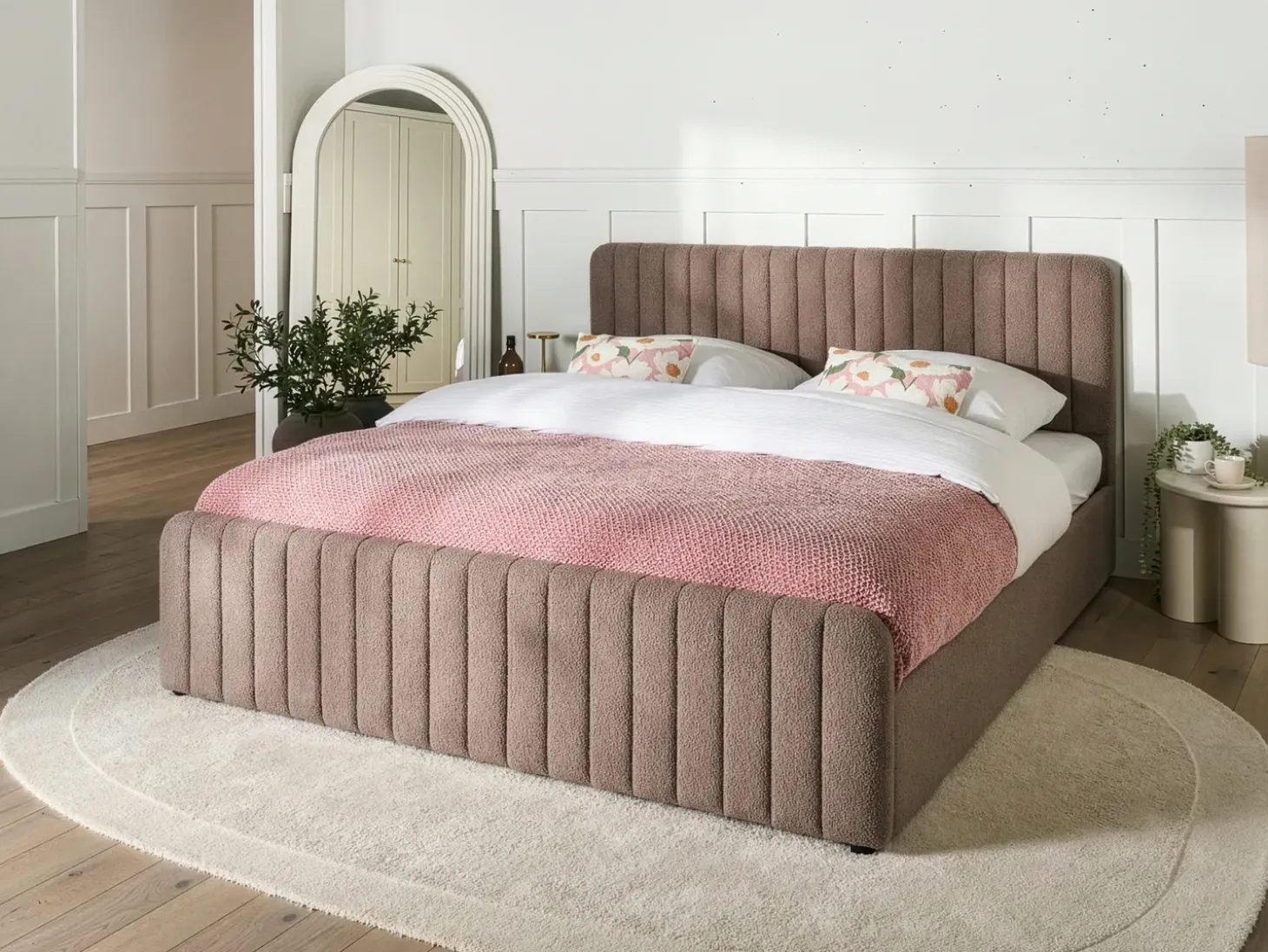 LUNAN Boucle Beżowoszary 180 x 200 cm Łóżka Tapicerowane|Łóżka Podwójne