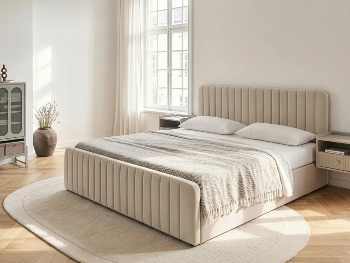Hot Łóżko z pojemnikiem LUNAN Welur Beżowy 180 x 200 cm Łóżka Tapicerowane|Łóżka Podwójne