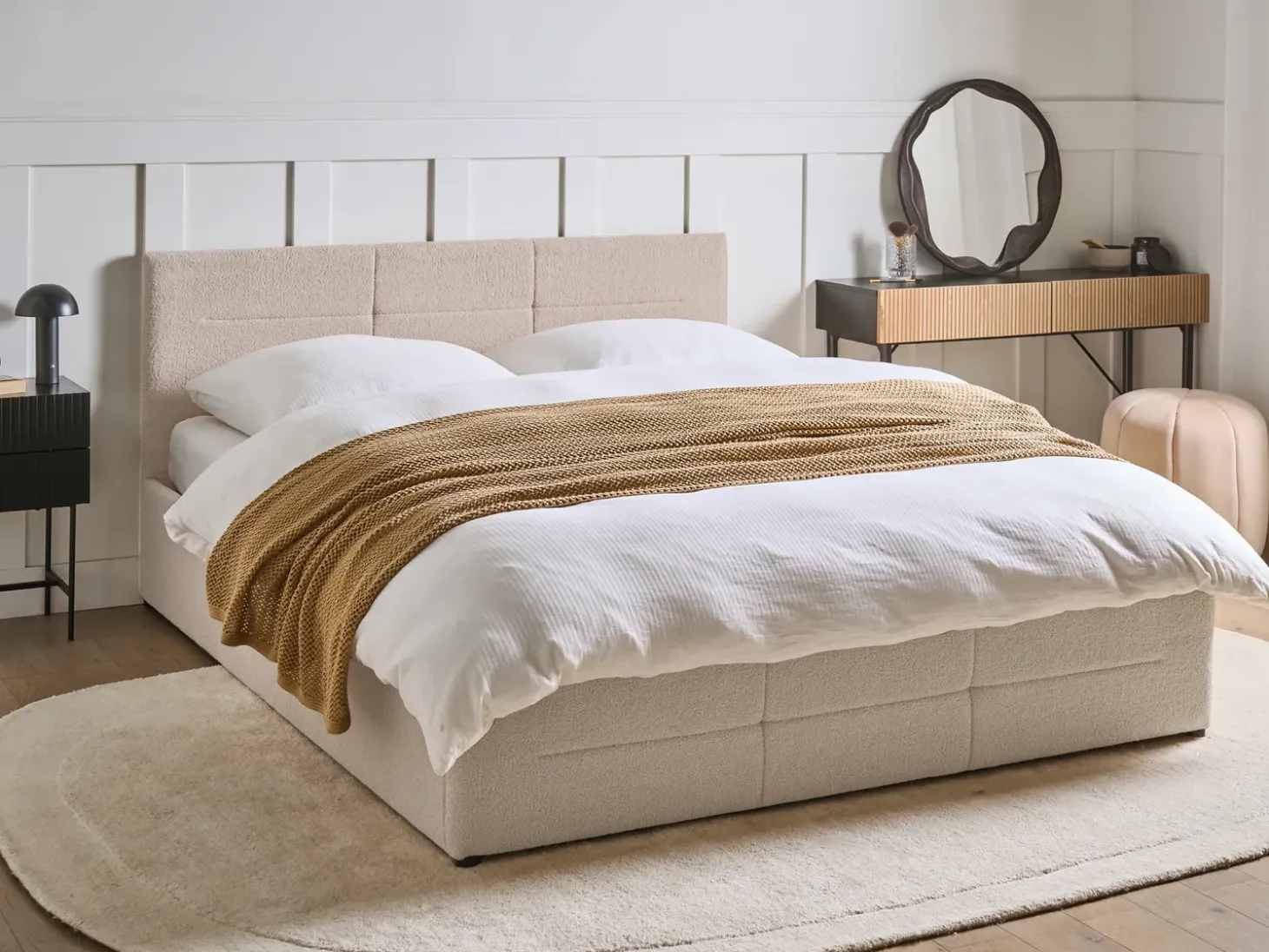 Discount Łóżko z pojemnikiem MASSOGNES Boucle Beżowy 160 x 200 cm Łóżka Tapicerowane|Łóżka Z Pojemnikiem