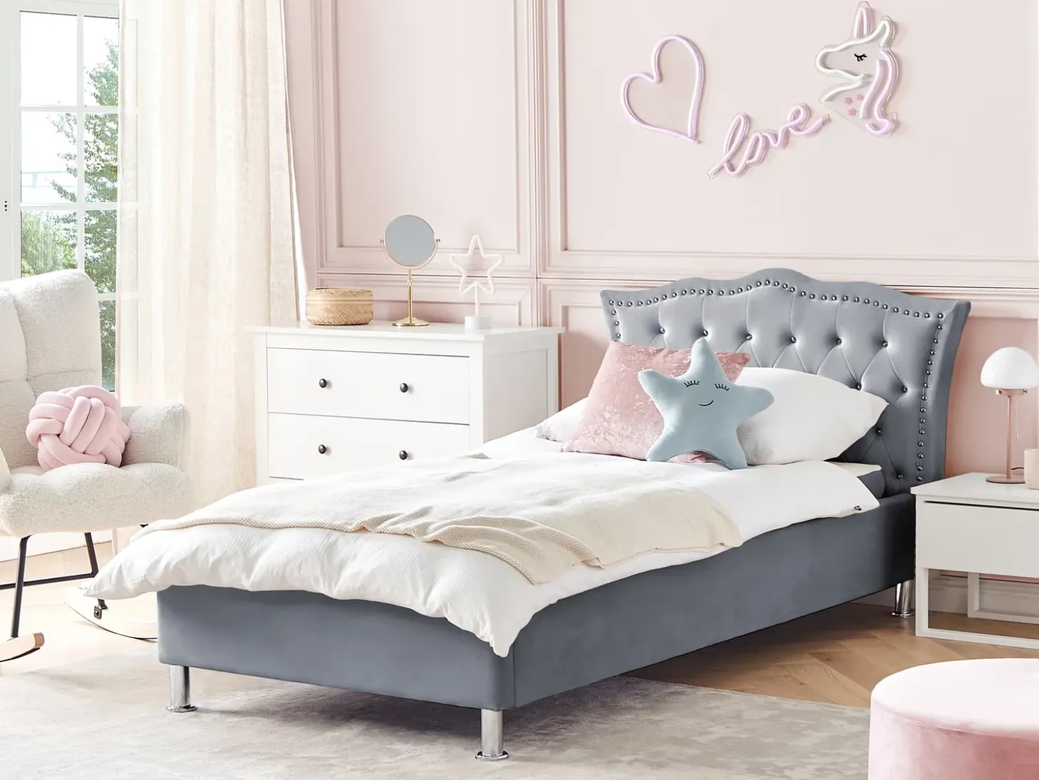 Outlet Łóżko z pojemnikiem METZ Welur Szary 90 x 200 cm Dzieci Łóżka Z Pojemnikiem|Wszystkie Meble I Akcesoria Dziecięce