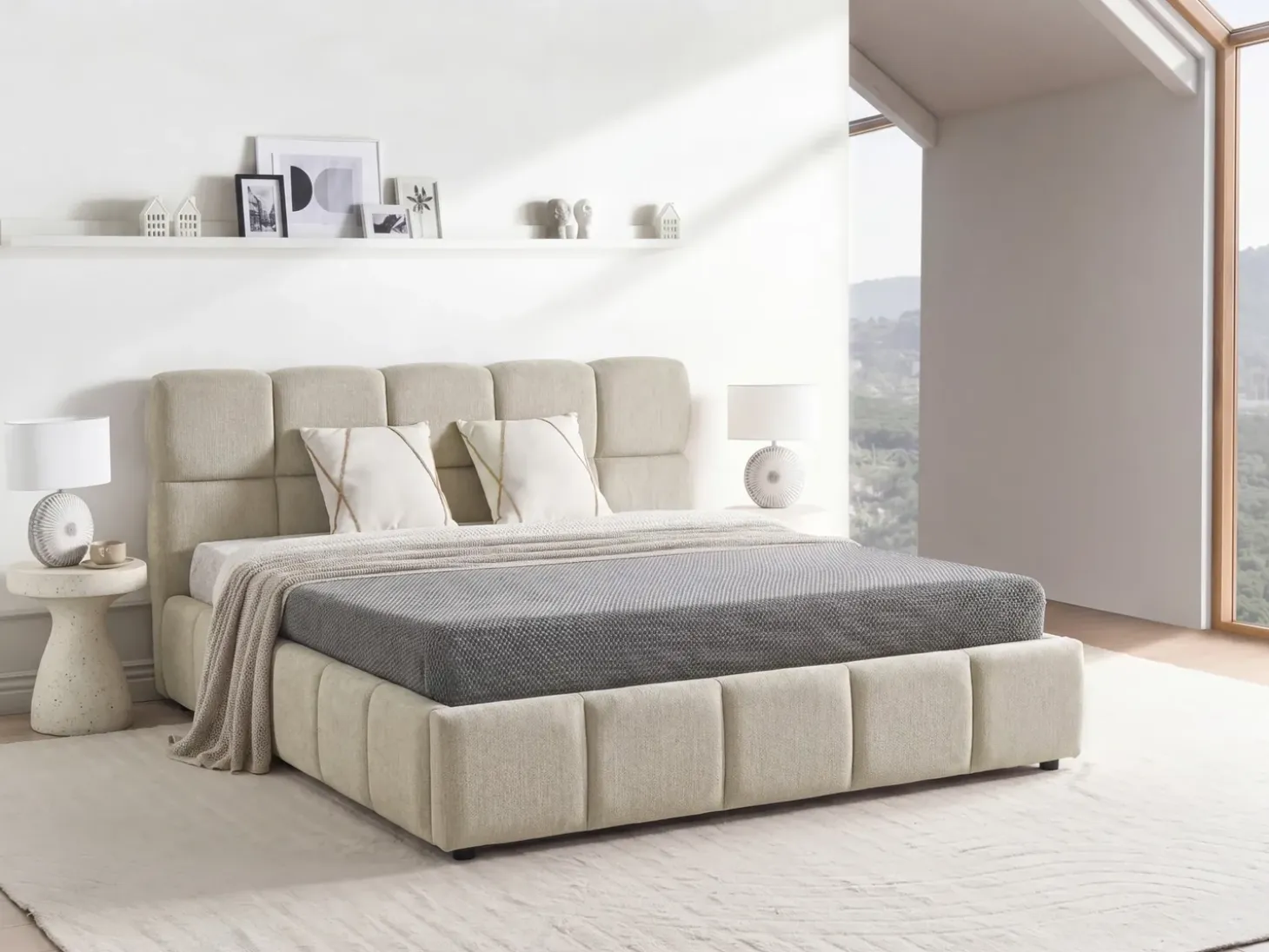 Outlet Łóżko z pojemnikiem NOYON Beżowoszary 180 x 200 cm Łóżka Tapicerowane|Łóżka Podwójne