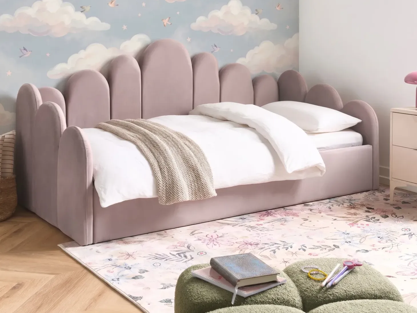 Sale POLIGNAC Welur Pastelowy róż 90 x 200 cm Dzieci Łóżka Z Pojemnikiem|Łóżka Pojedyncze