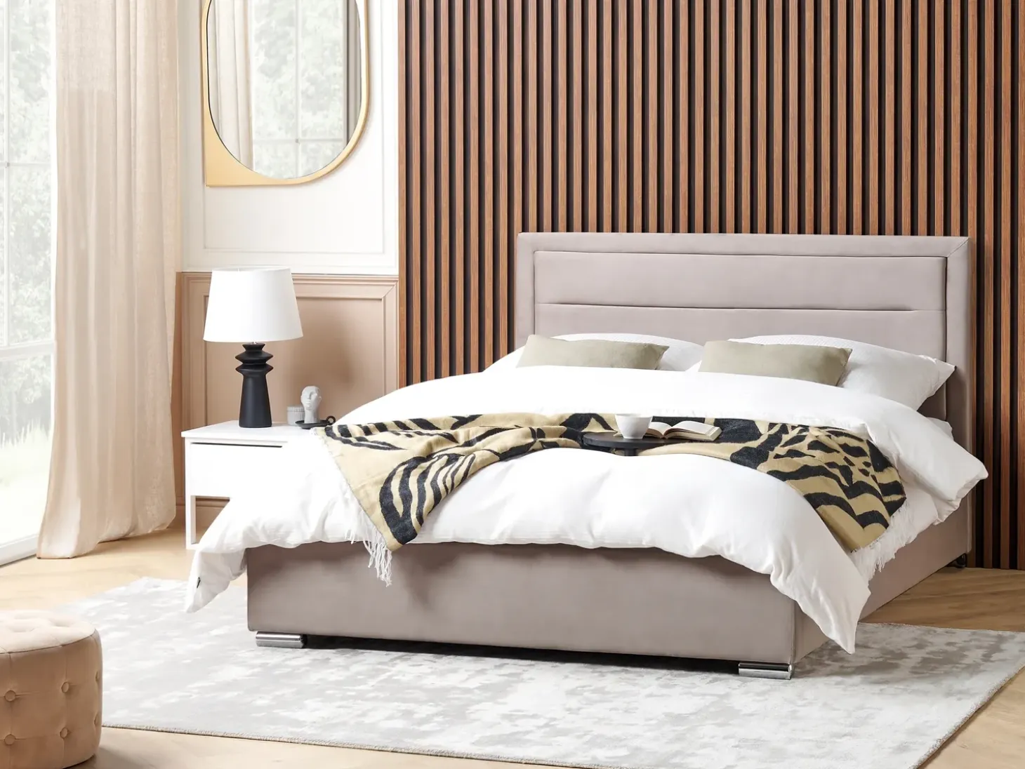 Outlet ROUEN Welur Beżowoszary 180 x 200 cm Łóżka Tapicerowane|Łóżka Podwójne