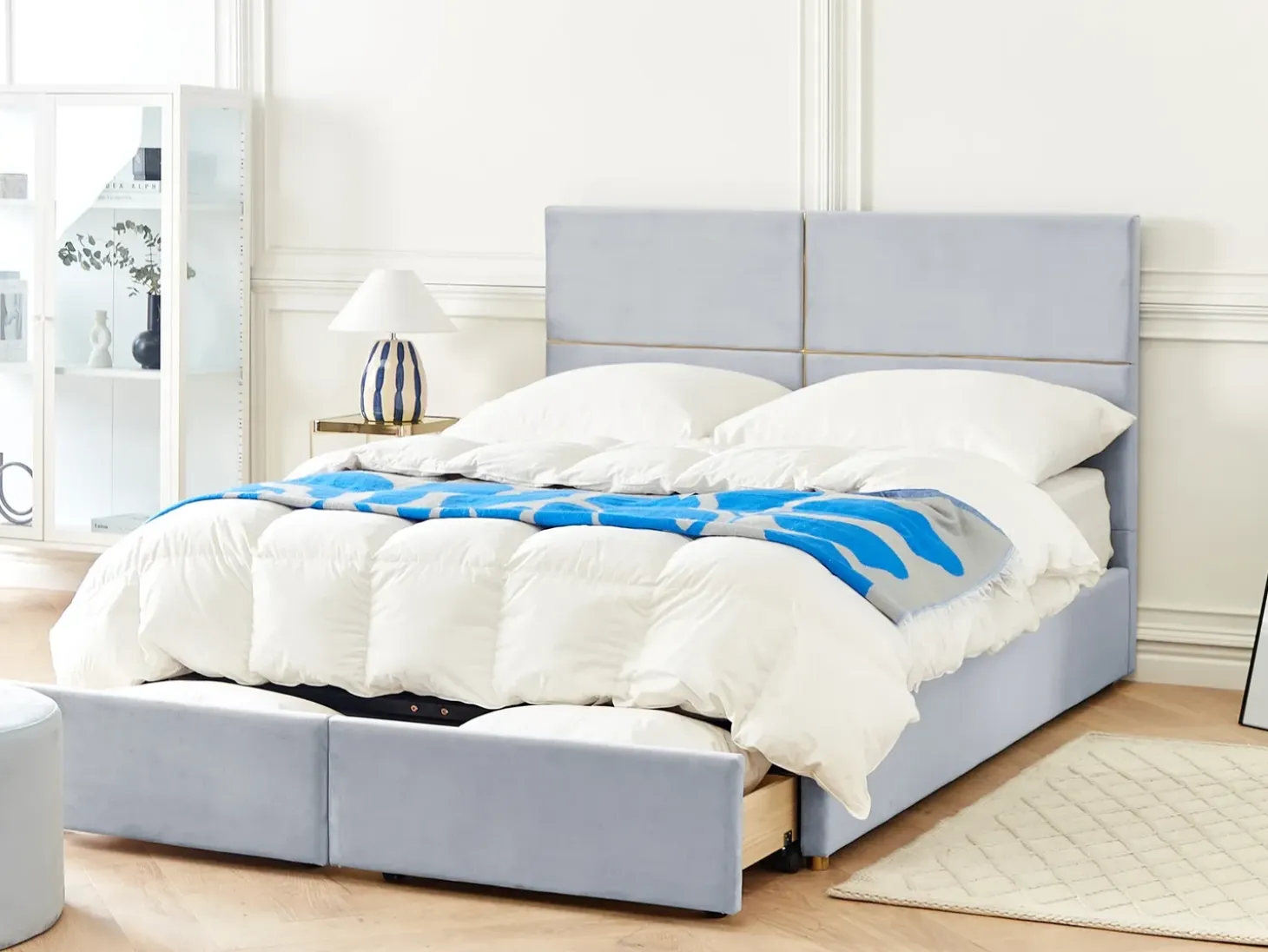 Discount Łóżko z pojemnikiem VERNOYES Welur Jasnoszary 160 x 200 cm Łóżka Tapicerowane|Łóżka Podwójne