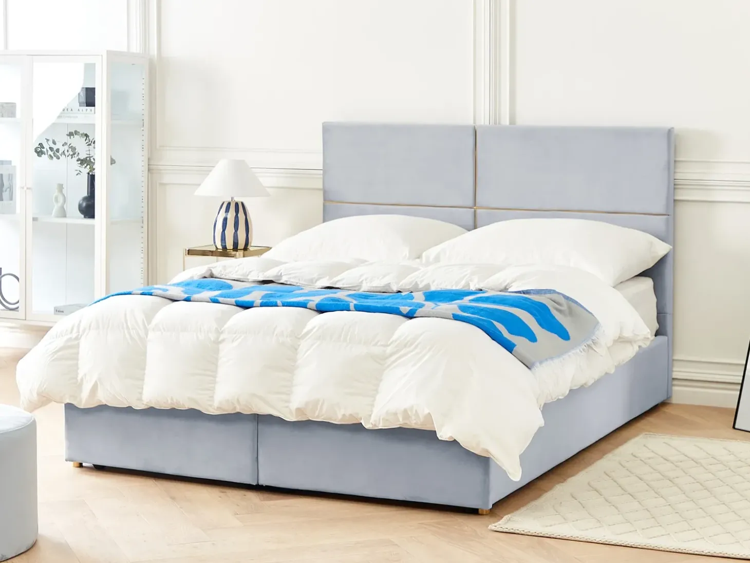 Discount Łóżko z pojemnikiem VERNOYES Welur Jasnoszary 160 x 200 cm Łóżka Tapicerowane|Łóżka Podwójne