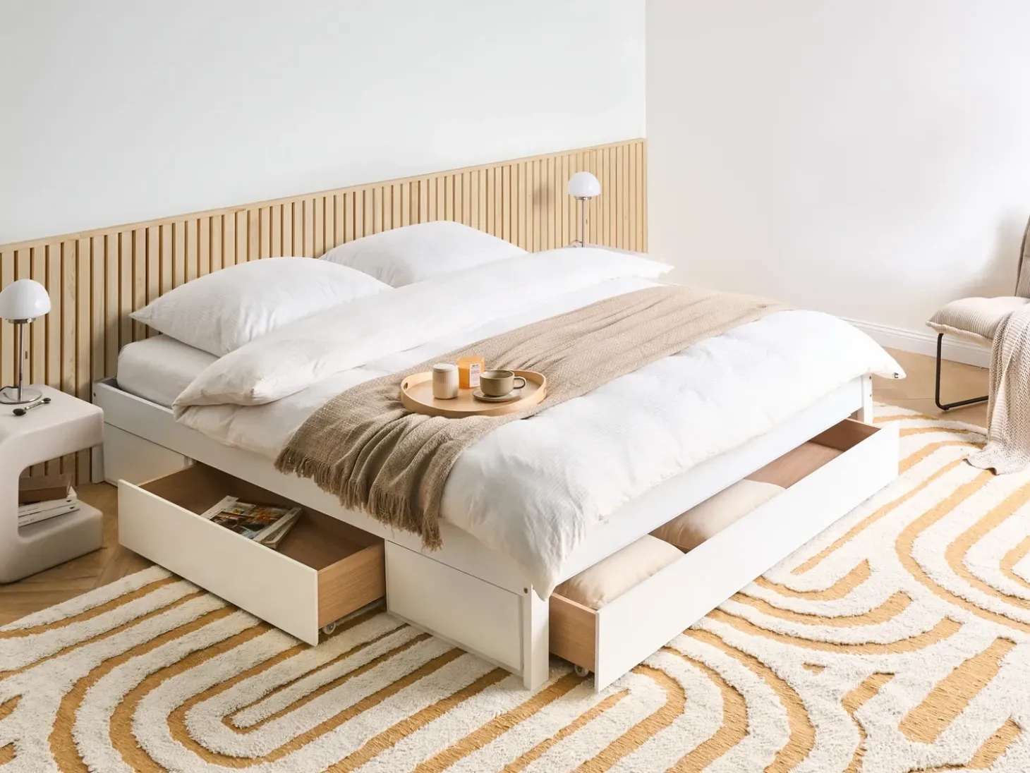 Discount Łóżko z szufladami bez zagłówka GIAT Drewno Biały 180 x 200 cm Łóżka Podwójne|Łóżka Z Pojemnikiem