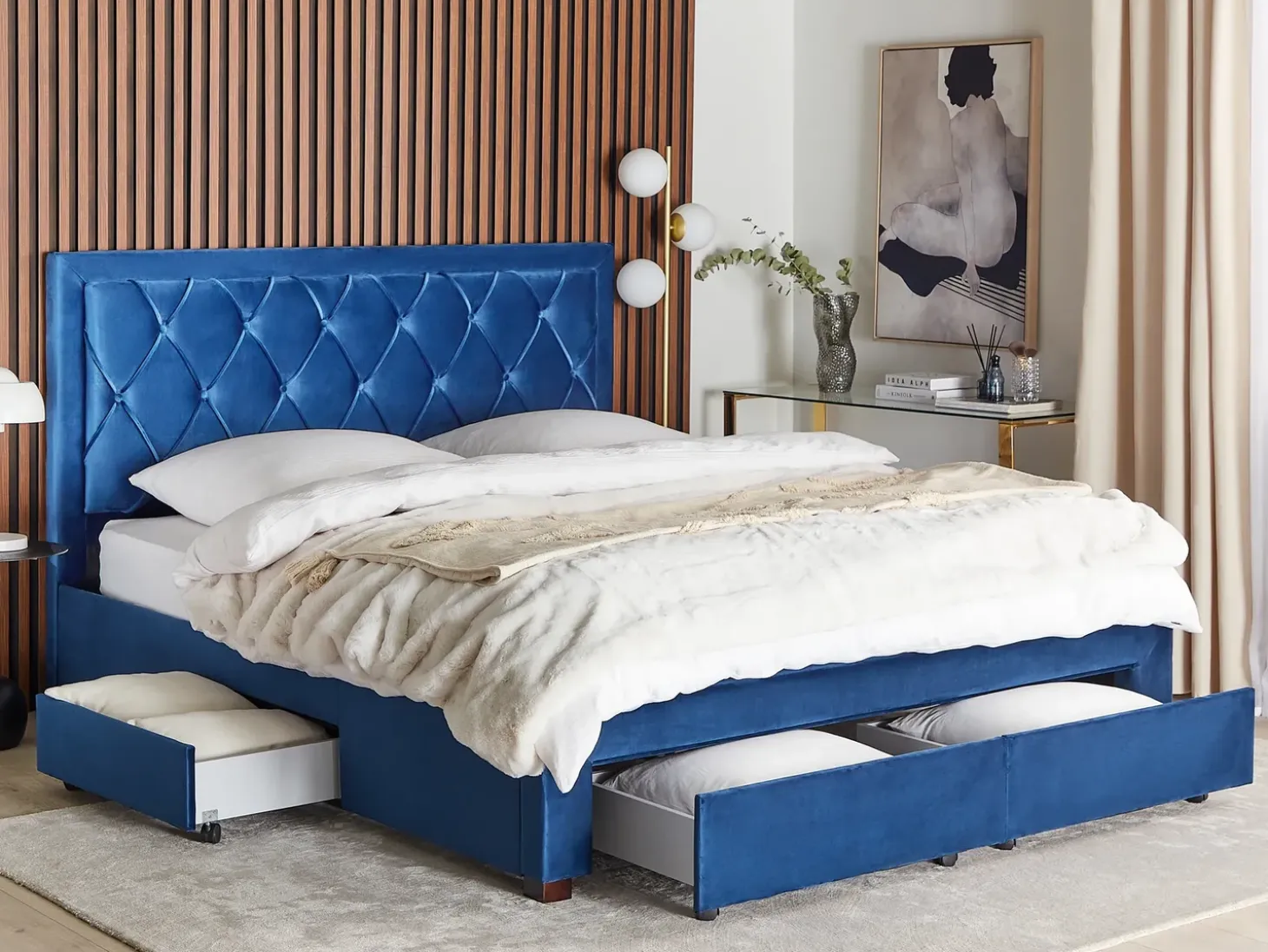 Clearance Łóżko z szufladami LIEVIN Welur Granatowy 180 x 200 cm Łóżka Tapicerowane|Łóżka Podwójne