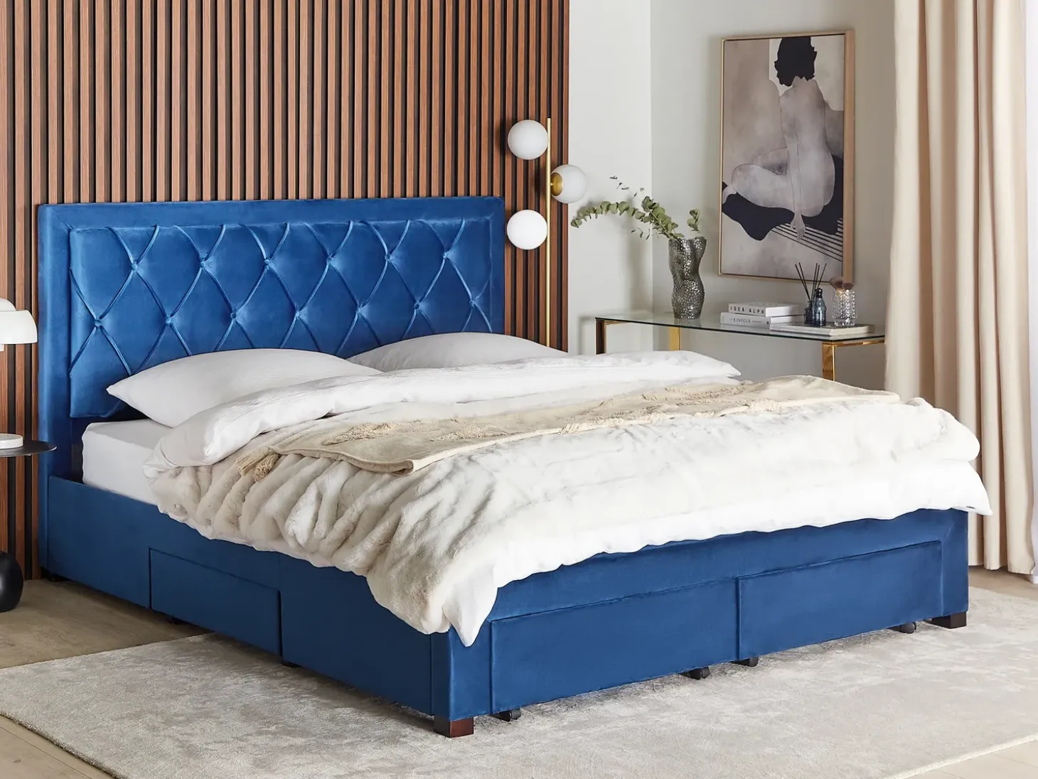 Clearance Łóżko z szufladami LIEVIN Welur Granatowy 180 x 200 cm Łóżka Tapicerowane|Łóżka Podwójne