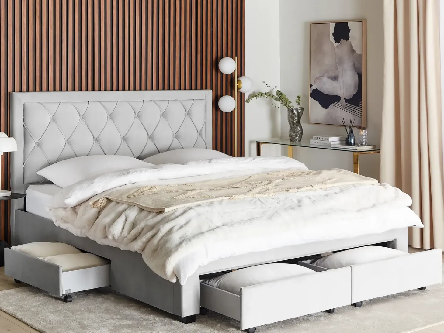 Discount Łóżko z szufladami LIEVIN Welur Jasno 180 x 200 cm Łóżka Tapicerowane|Łóżka Podwójne
