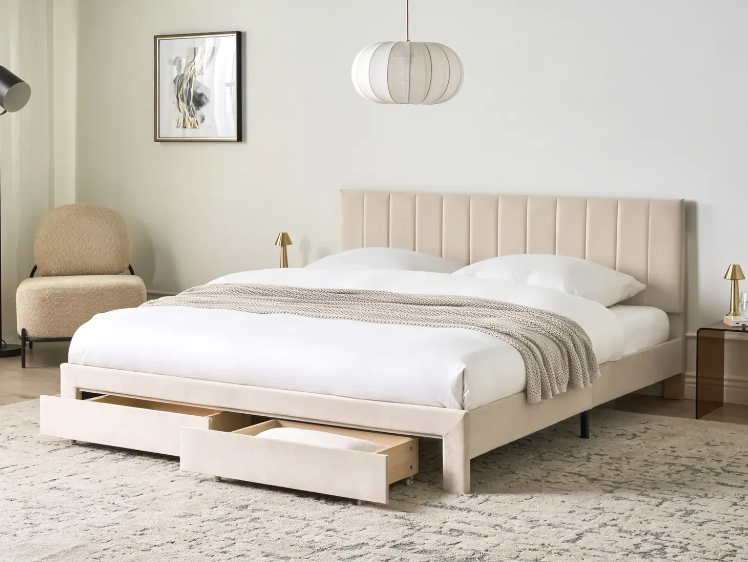 Łóżko z szufladami LONZAC Welur 180 x 200 cm Łóżka Tapicerowane|Łóżka Podwójne