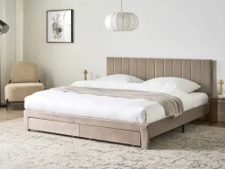 Best Łóżko z szufladami LONZAC Welur Beżowoszary 180 x 200 cm Łóżka Tapicerowane|Łóżka Podwójne