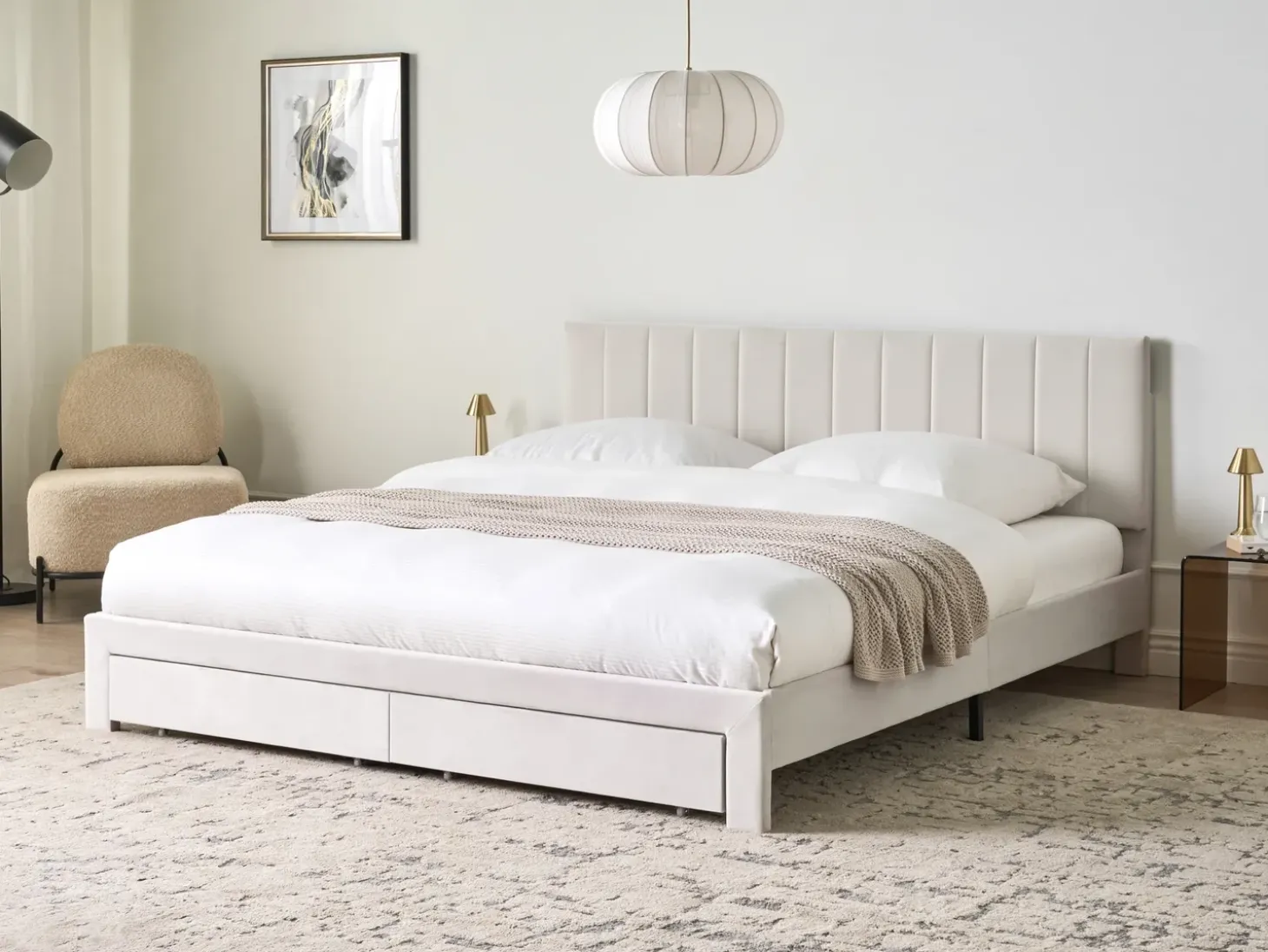 Outlet Łóżko z szufladami LONZAC Welur Złamana biel 180 x 200 cm Łóżka Tapicerowane|Łóżka Podwójne