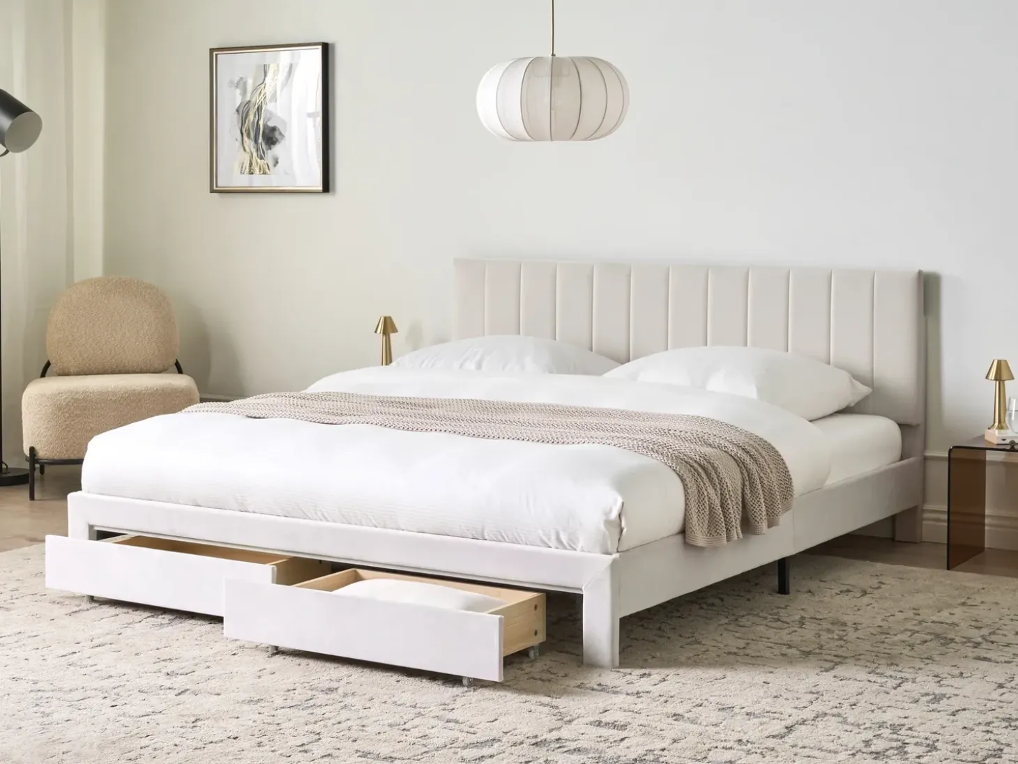 Outlet Łóżko z szufladami LONZAC Welur Złamana biel 180 x 200 cm Łóżka Tapicerowane|Łóżka Podwójne