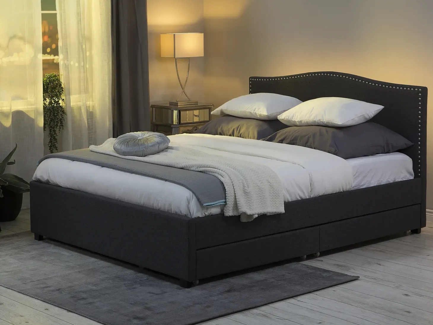 New MONTPELLIER Ciemno 180 x 200 cm LED Łóżka Tapicerowane|Łóżka Podwójne