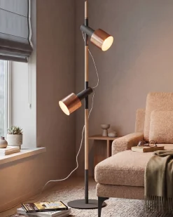 Lampa podłogowa OWENS Regulowana Drewno dębowe Czarny