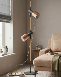 Lampa podłogowa OWENS Regulowana Drewno dębowe Czarny