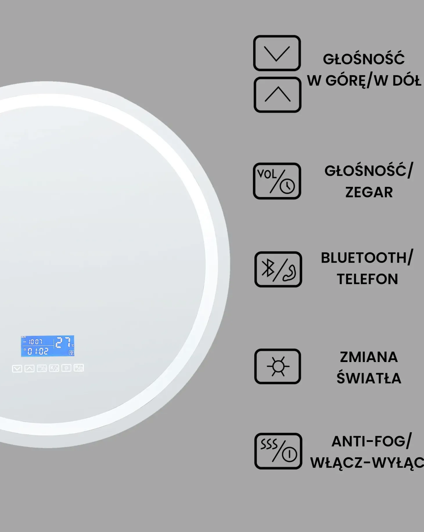 Lustro łazienkowe LED BROGNON 60 cm 60 cm Wbudowany głośnik Bluetooth Srebrny